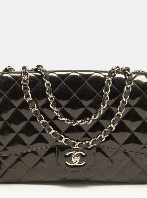 Chanel Classic Single Flap Jumbo Black Quilted Patent Leather Bag