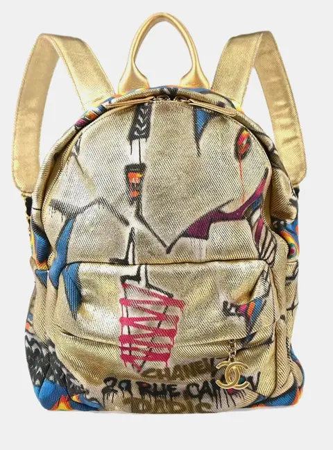 Chanel Graffiti Street Spirit Gold Printed Canvas Backpack Bag