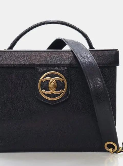 Chanel Vintage Encircled Coco Mark Large Black Caviar Skin Grained Calfskin Leather 2Way Box Vanity Case Bag