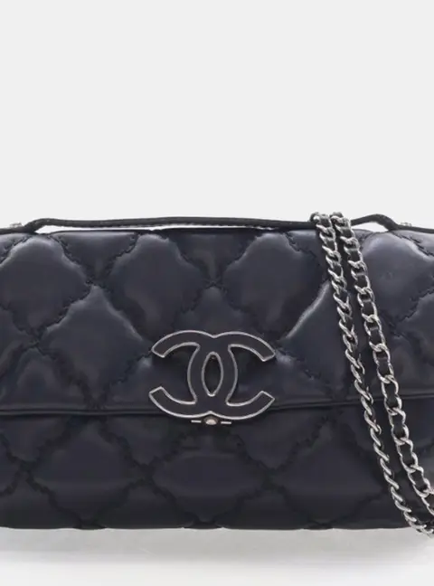 Chanel Double Stitch Hamptons Flap Mini Black Lambskin Leather Shoulder Bag