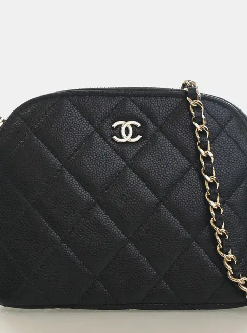 Chanel Mini Black Caviar Classic Cluth With Chain