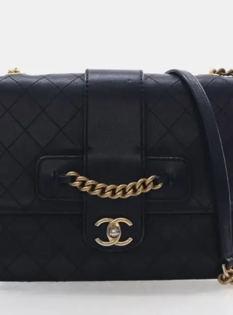 Chanel Quilted Front Chain Flap Crossbody Black Calfskin Leather Bag