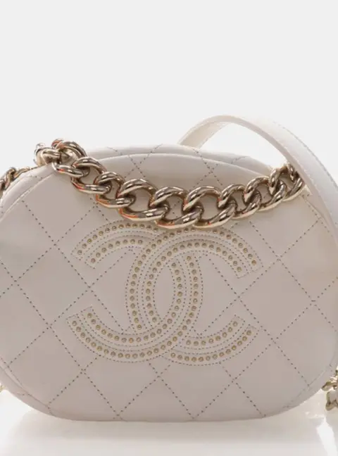 Chanel CC Studded Quilted Small White Lambskin Round Camera Case Crossbody Bag