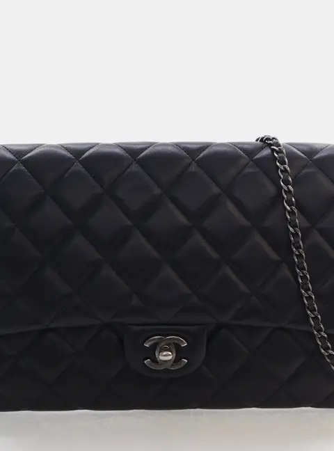 Chanel Classic Large Black Quilted Lambskin Leather Clutch Bag
