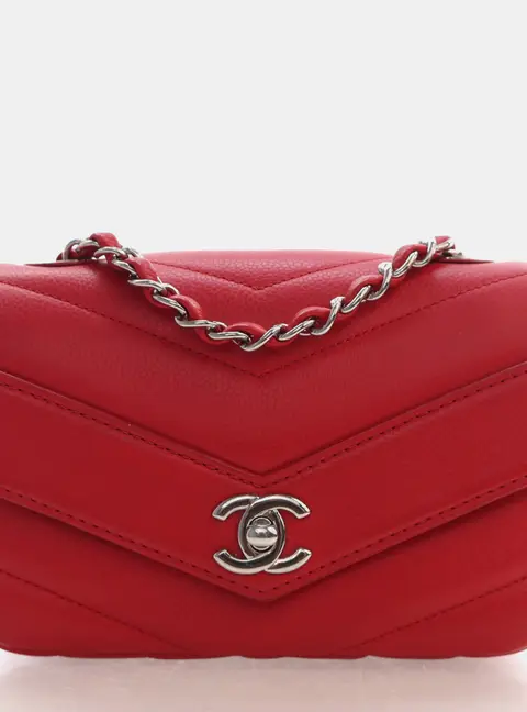 Chanel Classic Chevron Mini Square Red Caviar Calfskin Leather Single Flap Bag