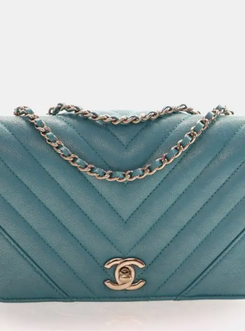Chanel Chevron Statement Flap Mini Blue Caviar Leather Shoulder Bag