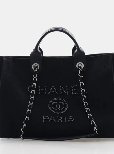 Chanel Pearl Deauville Small Black Canvas Tote Bag