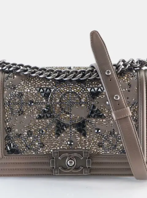 Chanel Boy Medium Taupe Goatskin Strass Shoulder Bag