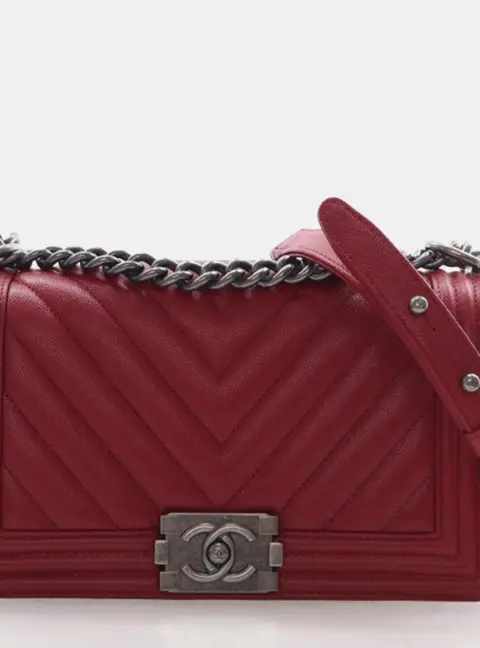 Chanel Chevron Medium Red Caviar Leather Flap Shoulder Bag