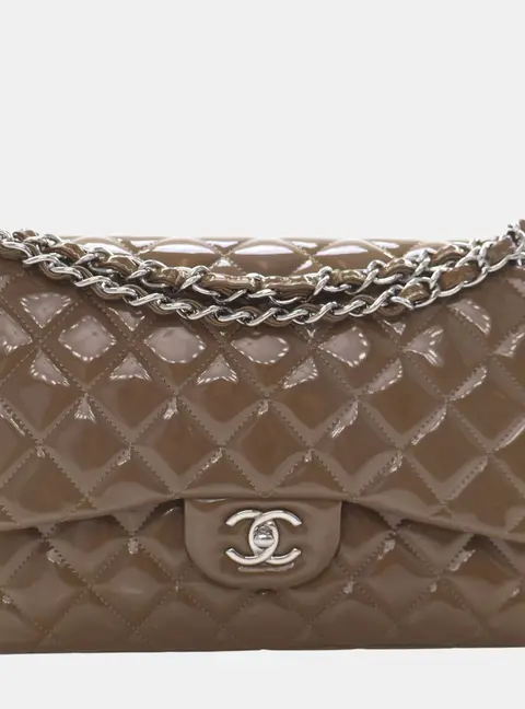 Chanel Classic Jumbo Taupe Quilted Patent Leather Double Flap Bag