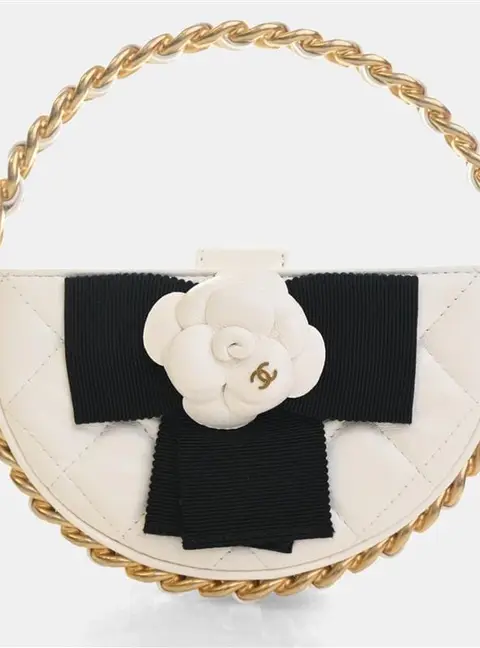 Chanel Round Camellia Clutch Hula Hoop Mini White Lambskin Leather Clutch Bag