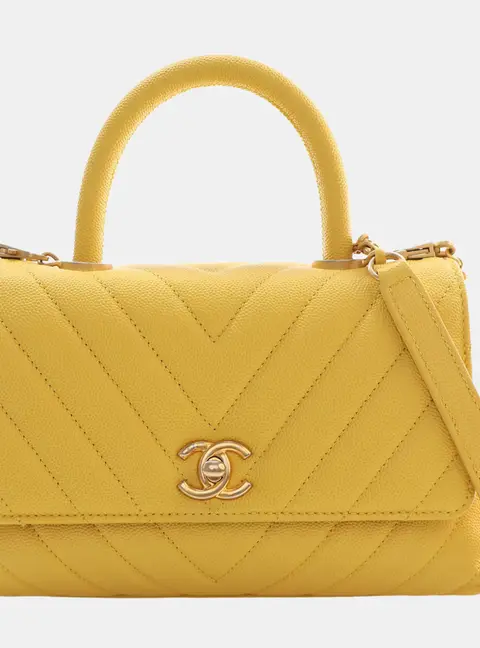 Chanel Chevron Coco Handle Small Yellow Caviar Leather Top Handle Bag