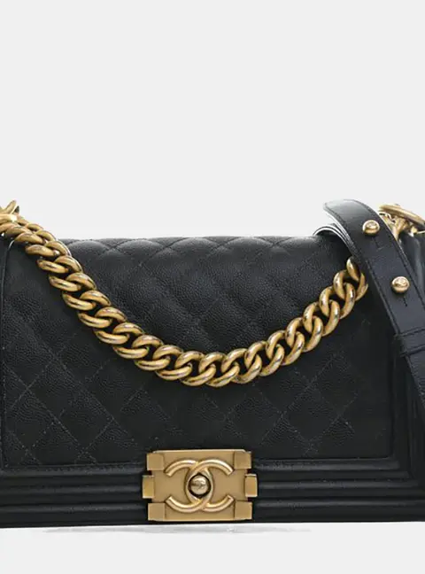Chanel Boy Medium Black Caviar Grained Calfskin Leather Shoulder Bag