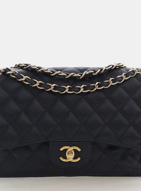 Chanel Classic Jumbo Black Grained Calfskin Leather Double Flap Shoulder Bag