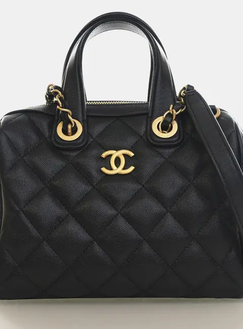 Chanel Small Caviar Bowling Black Caviar Leather Top Handle Bag