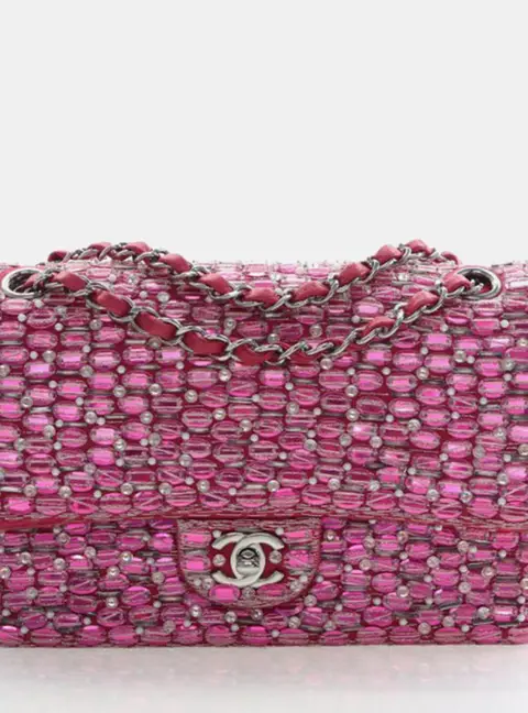 Chanel Classic Double Flap Medium Pink Satin Pearl Beaded Shoulder Bag