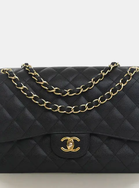 Chanel Classic Double Flap Jumbo Black Quilted Caviar Grained Calfskin Leather Shoulder Bag