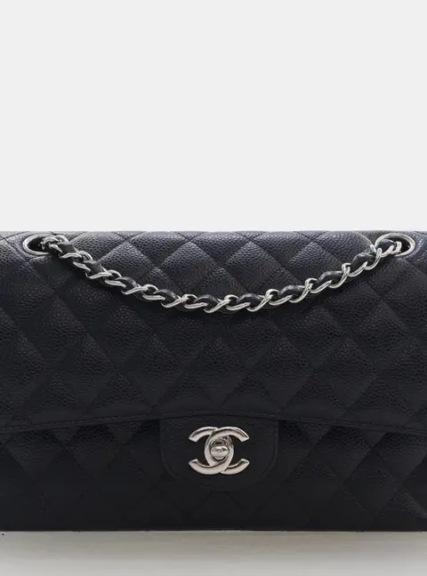 Chanel Classic Medium Double Flap Black Grained Calfskin Leather Shoulder Bag
