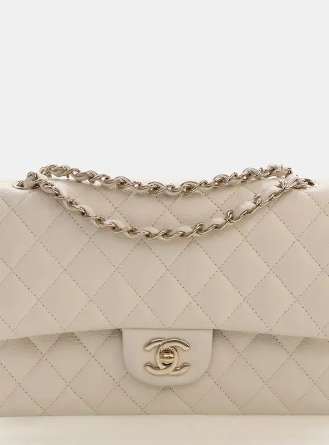 Chanel Classic Medium White Caviar Quilted Leather Double Flap Bag