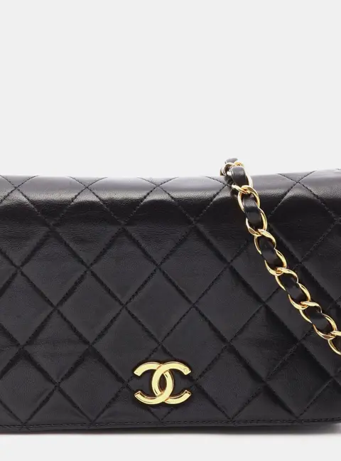 Chanel Full Flap Vintage Small Black Lambskin Leather Chain Shoulder Bag