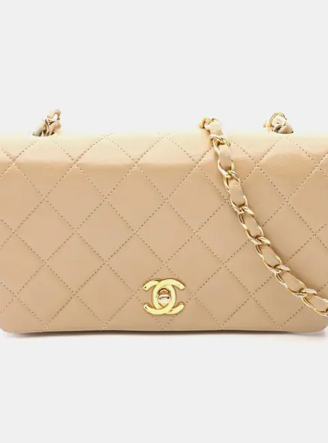 Chanel Vintage Full Flap Small Beige Lambskin Leather Shoulder Bag