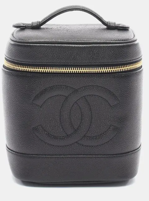 Chanel Vintage CC Black Leather Vanity Top Handle Bag