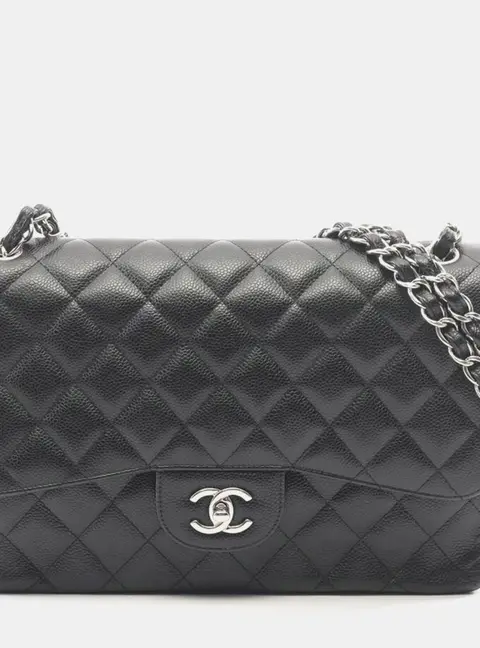 Chanel Classic Double Flap Jumbo Black Grained Calfskin Leather Shoulder Bag