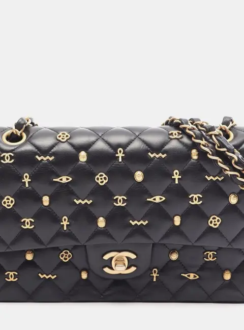 Chanel Egypt Amulet Charm Medium Black Lambskin Leather Double Flap Shoulder Bag