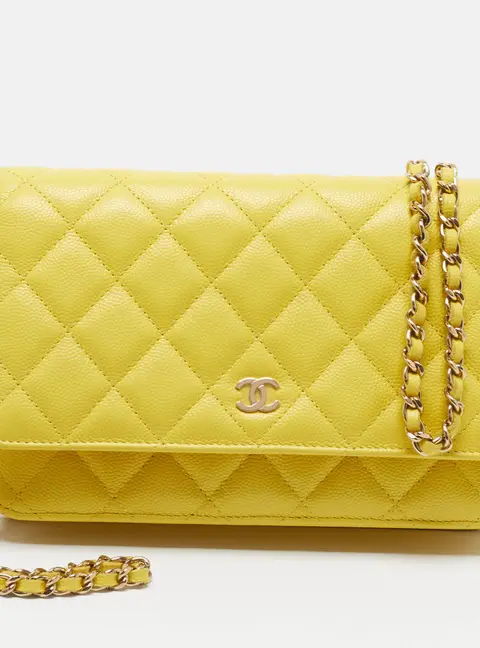Chanel Classic Yellow Quilted Caviar Leather Wallet On Chain