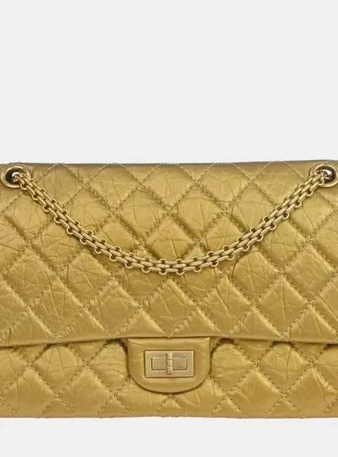 Chanel 2.55 Reissue 226 Gold Metallic Aged Calfskin Leather Double Flap Shoulder Bag