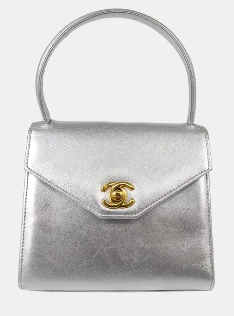 Chanel Vintage Mini Kelly Metallic Silver Lambskin Leather Gold Hardware Top Handle Bag