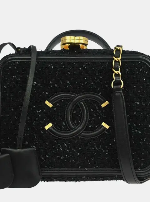 Chanel CC Filigree Medium Black Tweed Leather Top Handle Bag