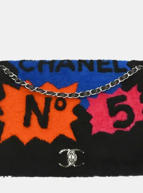 Chanel No. 5 Comic Shearling Jumbo Black Multicolor Lambskin Shoulder Flap Bag