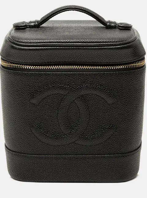 Chanel Vintage Timeless CC Black Caviar Leather Top Handle Vanity Case Bag