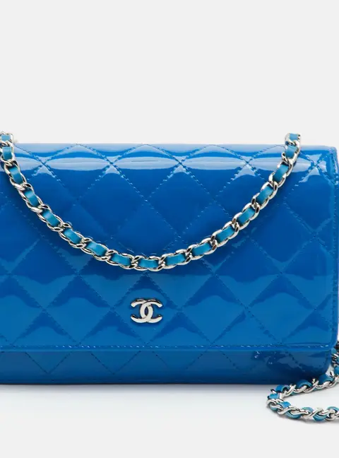 Chanel CC Blue Quilted Patent Leather Wallet On Chain