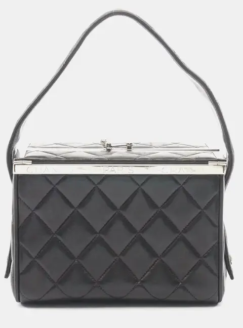 Chanel Vintage Small Black Lambskin Leather Metal Frame Top Handle Bag