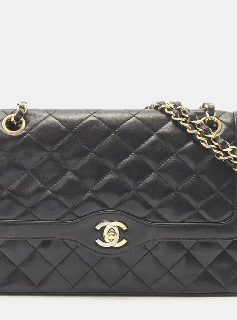 Chanel Paris Limited Edition Double Flap Medium Black Lambskin Shoulder Bag