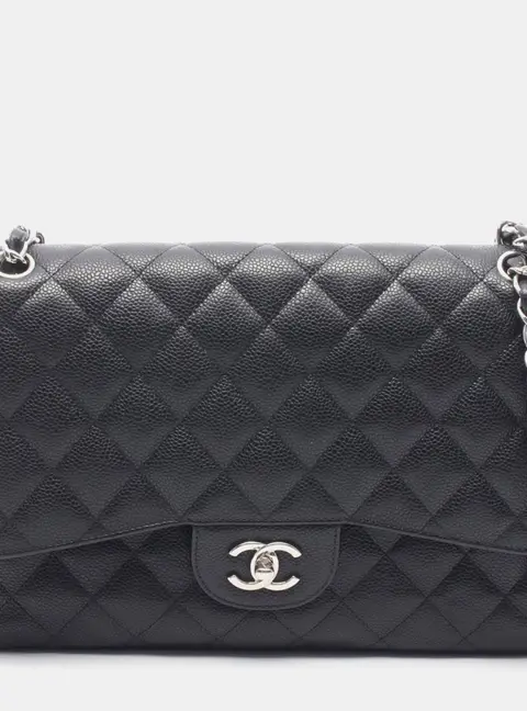 Chanel Classic Double Flap Jumbo Black Grained Caviar Leather Shoulder Bag
