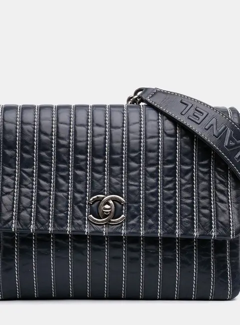 Chanel Vintage Vertical Quilt Large Black Lambskin Leather Single Flap Bag