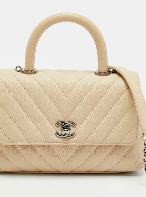 Chanel Coco Mini Light Beige Chevron Caviar Leather Top Handle Bag
