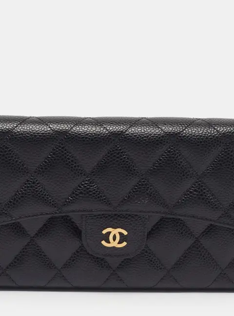 Chanel Classic Black Quilted Caviar Leather Long Wallet