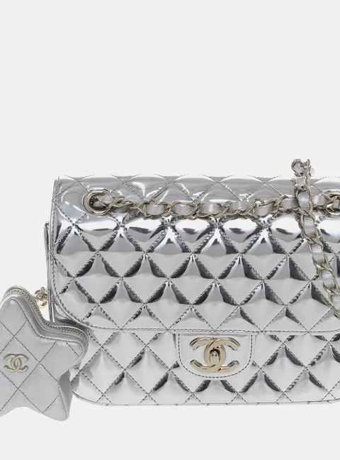 Chanel 24C Mirror Silver Calf Leather Flap Bag & Star Coin Purse