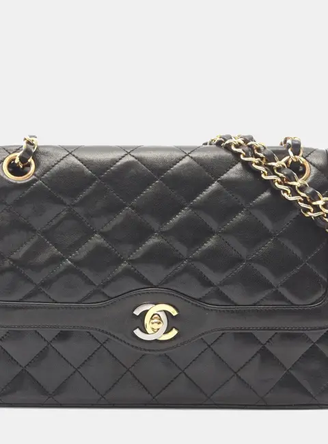 Chanel Matelasse Paris Limited Edition Double Flap Black Lambskin Leather Shoulder Bag