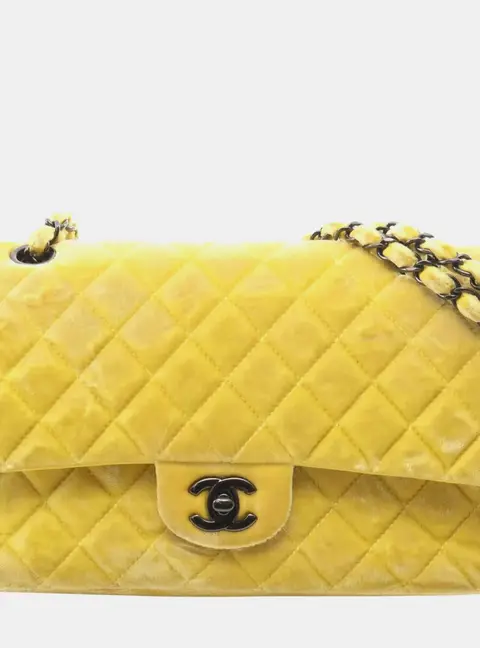 Chanel Classic Double Flap Medium Yellow Velvet Shoulder Bag