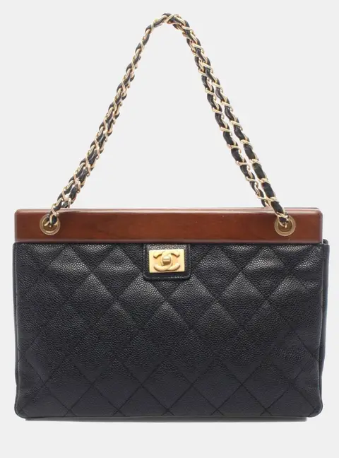 Chanel Matelasse Tote Black Caviar Leather Wood Top Handle Bag