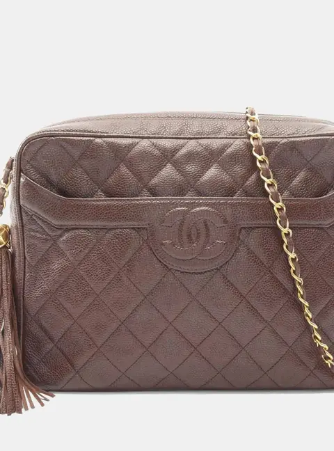 Chanel Matelasse Vintage Brown Caviar Grained Calfskin Leather Chain Tassel Camera Shoulder Bag