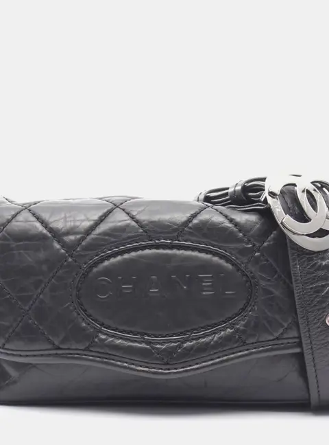 Chanel Oval Logo Medium Black Aged Calfskin Leather Shoulder Bag