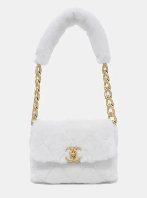 Chanel Flap AS2240 White Shearling Lambskin Matte Gold Tone Metal Shoulder Bag