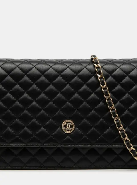 Chanel Crest Micro Matelasse Black Lambskin Leather Wallet on Chain Bag