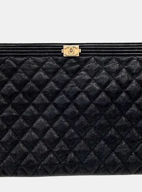 Chanel Black Leather Caviar Boy Clutch New Medium